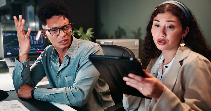 Meeting, tablet and business people with stress in office for trading, online investment and stock market. Corporate, frustrated and man with woman on tech for finance analytics, planning and website