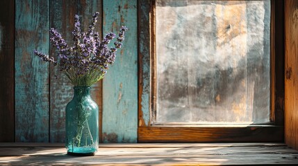 Lavender bouquet in a glass bottle by a rustic window.