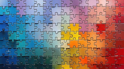 Close-up view of a colorful jigsaw puzzle with pieces arranged in gradient shades from blue to red and yellow hues, creating an intricate and vibrant pattern