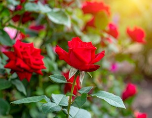 Obraz premium A sharp red rosebud reaching skyward, touched by morning light and framed by lush greenery