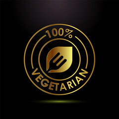 100 percent vegetarian icon design illustration, Vegan product label badge sign in gold color style