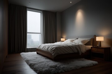 minimalist bedroom with empty wall above bed, white and wood tone, ideal for artwork display, clean daylight setting