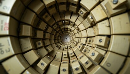 Obraz premium Futuristic tunnel perspective of weathered machinery parts, beige and industrial