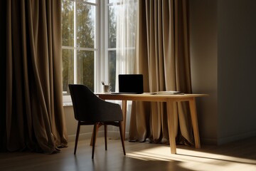 Fototapeta premium minimalist home office, wooden desk, ergonomic chair, white wall background, modern lamp, potted plant, laptop on desk, clean and bright