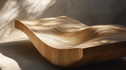 Sculptural wooden bench with flowing lines, natural light and shadow.