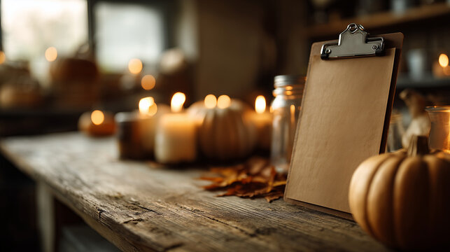 blank clipboard menu mockup on rustic wooden table with small pumpkins, autumn leaves and candles around, moody orange ambient light