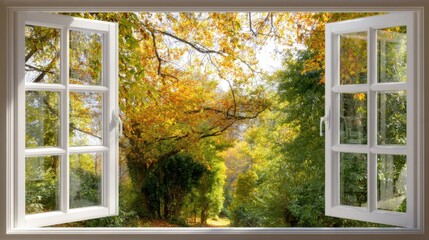 Ultra quality image of open pvc window frame with view on trees. © Neon Stock