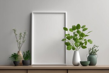 Mockup of a clean white frame on a flat wall with boho style decoration and plants