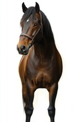 Obraz premium Close-up of a calm brown horse with a black mane wearing a bridle, standing against a white background, showing strong muscular build and attentive eyes