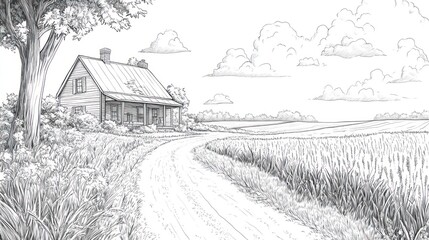 Pencil sketch country road house rural landscape