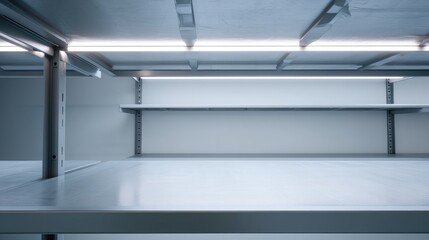 Empty, modern storage unit with shelves and lighting.  Clean, minimalist design