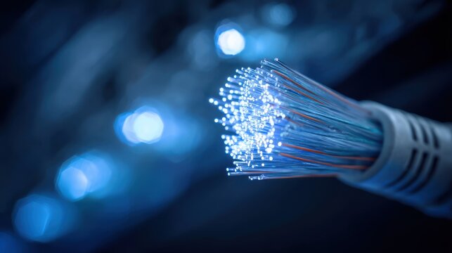 Ultra quality image of optic fiber cable, ethernet server, broadband transfer speed, wire telecommunication, digital network connection, data tech infrastructure.