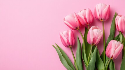 Obraz premium Pink tulips arranged on a pink background. Floral beauty. Spring