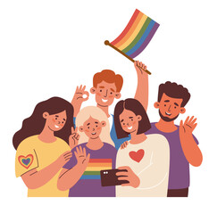 Diverse LGBT people with Rainbow Pride Flag together Taking Selfie. Memorable moment Friends. Joyful LGBTQ support, celebrating love, identity and equality. Vector Illustration for Pride Month, unity