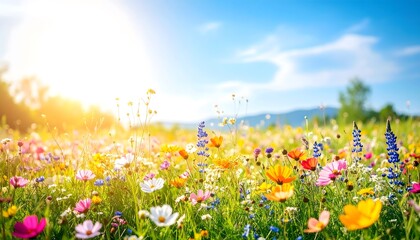 Blossoming Meadow Under a Bright Sky: A vibrant meadow bursts with a colorful array of wildflowers dancing in the sunlight, creating a vivid panorama of nature's beauty. 