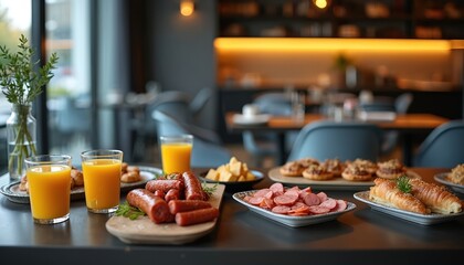 Breakfast buffet table with orange juice, sliced sausage, cheese, pastries. Modern restaurant interior with glasses, plates. Catering event, corporate meeting. Fresh food, brunch, morning meal.