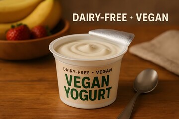 A container of dairy-free vegan yogurt next to bananas and strawberries on a wooden surface. Concept Dairy-Free Yogurt, Fresh Fruits, Healthy Snacking, Plant-Based Diet, Wooden Surface Aesthetics
