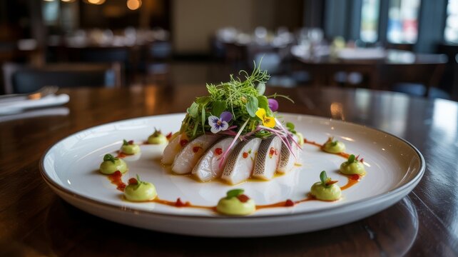 Ceviche features raw fish, microgreens, and edible flowers on a white plate, with avocado pur&eacute;e and chili oil for elegance. 
