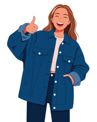 Happy Woman in Denim Jacket Giving Thumbs Up for Approval and Positivity in Vibrant Style