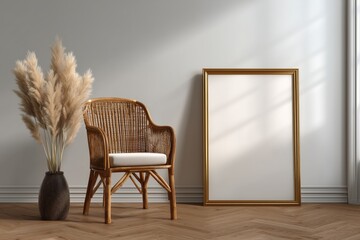 modern flat wall mockup with boho decor, rattan chair, pampas grass in vase, empty two poster frames side by side