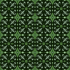 Ornamental Green Paisley Tile Pattern. Seamless paisley-inspired ornamental tile in green tones on a dark background. Elegant and traditional design.