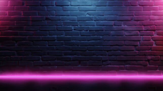 Ultra quality image of pink purple neon glowing light against brick wall, copy space. entertainment night sing or comedy show on radio, live event banner, concert podcast festival.