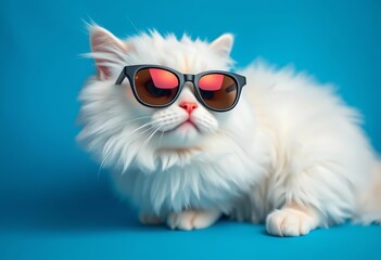 Obraz premium Fluffy white cat in stylish sunglasses poses against a blue background, cat accessories, pet
