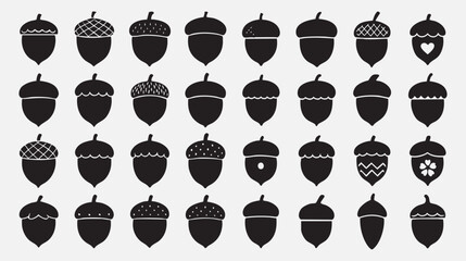 collection of 30 acorn icons in black with patterned caps, including floral, polka dot, and stripe designs
