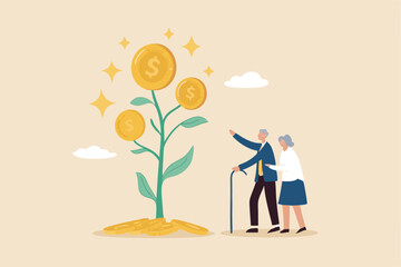 Retirement pension fund, investment profit or earning for retiree, 401k or savings and senior financial planning, wealth management concept, elderly couple, grandpa look at money growth plant profit.
