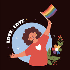Happy Woman Holding rainbow Pride Flag LGBTQ. Festive postcard Love is Love. Vector Illustration. Colorful, joyful LGBT support image for Pride Month, unity, diversity and equal love