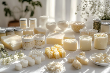 A sunlit table displays an assortment of creamy white soaps, lotions, and bath products. The calming aesthetic is perfect for a spa or wellness brand.