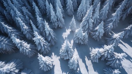 Aerial view of a snow-covered evergreen forest. The frosty trees create a serene winter wonderland scene.