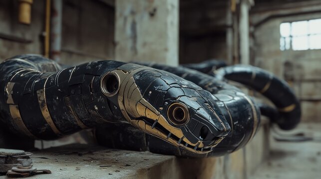 Futuristic snake robot in abandoned factory