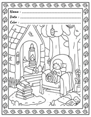 Bold and Easy Cozy Nooks Coloring Book for Adults and Kid.  
High resolution (300 DPI), 
Ready to print on standard 8.5x11-(A4) inch paper With (No Bleed), 
Black and White. 
Vector illustration 