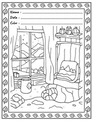 Bold and Easy Cozy Nooks Coloring Book for Adults and Kid.  
High resolution (300 DPI), 
Ready to print on standard 8.5x11-(A4) inch paper With (No Bleed), 
Black and White. 
Vector illustration 