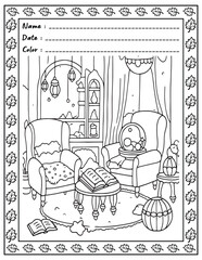 Bold and Easy Cozy Nooks Coloring Book for Adults and Kid.  
High resolution (300 DPI), 
Ready to print on standard 8.5x11-(A4) inch paper With (No Bleed), 
Black and White. 
Vector illustration 