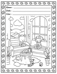 Bold and Easy Cozy Nooks Coloring Book for Adults and Kid.  
High resolution (300 DPI), 
Ready to print on standard 8.5x11-(A4) inch paper With (No Bleed), 
Black and White. 
Vector illustration 
