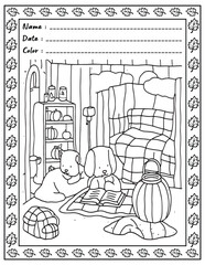 Bold and Easy Cozy Nooks Coloring Book for Adults and Kid.  
High resolution (300 DPI), 
Ready to print on standard 8.5x11-(A4) inch paper With (No Bleed), 
Black and White. 
Vector illustration 