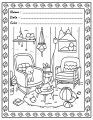 Bold and Easy Cozy Nooks Coloring Book for Adults and Kid.  
High resolution (300 DPI), 
Ready to print on standard 8.5x11-(A4) inch paper With (No Bleed), 
Black and White. 
Vector illustration 