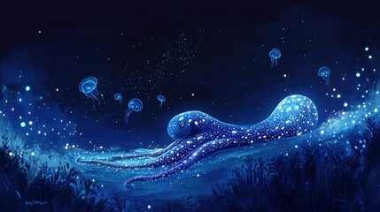 A luminous octopus gliding through a starry underwater scene with glowing jellyfish nearby