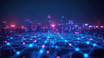 Futuristic cityscape at night with glowing network connections.