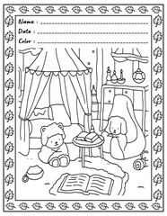 Bold and Easy Cozy Nooks Coloring Book for Adults and Kid.  
High resolution (300 DPI), 
Ready to print on standard 8.5x11-(A4) inch paper With (No Bleed), 
Black and White. 
Vector illustration 