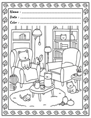 Bold and Easy Cozy Nooks Coloring Book for Adults and Kid.  
High resolution (300 DPI), 
Ready to print on standard 8.5x11-(A4) inch paper With (No Bleed), 
Black and White. 
Vector illustration 