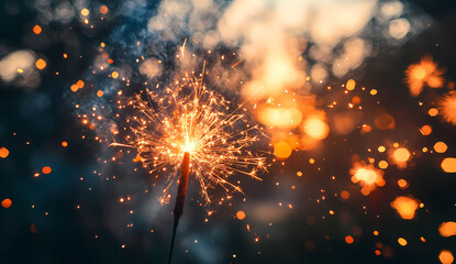 Obraz premium A bright sparkler burns against a dark background, casting a warm glow and creating a magical atmosphere. Perfect for celebrating special moments!