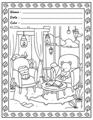 Bold and Easy Cozy Nooks Coloring Book for Adults and Kid.  
High resolution (300 DPI), 
Ready to print on standard 8.5x11-(A4) inch paper With (No Bleed), 
Black and White. 
Vector illustration 