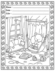 Bold and Easy Cozy Nooks Coloring Book for Adults and Kid.  
High resolution (300 DPI), 
Ready to print on standard 8.5x11-(A4) inch paper With (No Bleed), 
Black and White. 
Vector illustration 