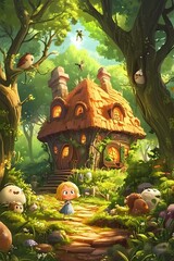 Fototapeta premium Forest house with girl and creatures