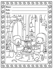 Bold and Easy Cozy Nooks Coloring Book for Adults and Kid.  
High resolution (300 DPI), 
Ready to print on standard 8.5x11-(A4) inch paper With (No Bleed), 
Black and White. 
Vector illustration 