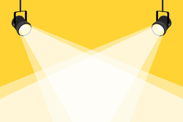 Vector illustration of two spotlights shining on a stage with a yellow background, creating a bright central area for text or product display.
