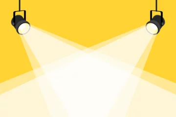 Selbstklebende Fototapeten Licht, Schatten Vector illustration of two spotlights shining on a stage with a yellow background, creating a bright central area for text or product display.  © Тима Рябец